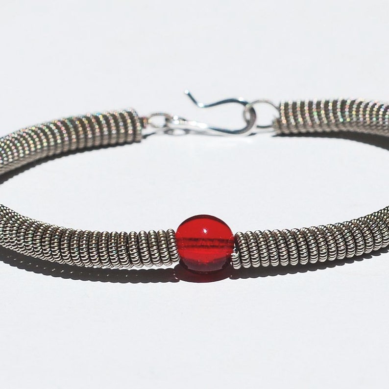 Guitar String Bracelet Silver with Ruby Red Bead, Recycled Guitar String Jewelry, Music Jewelry, Gift for Guitar Player, Guitarist Present image 3