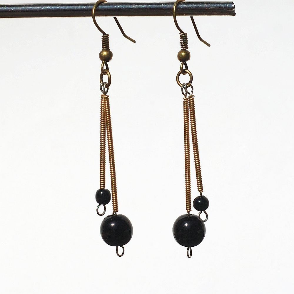 Guitar String Jewelry Black Bead Brass Drop Upcycled Guitar Etsy