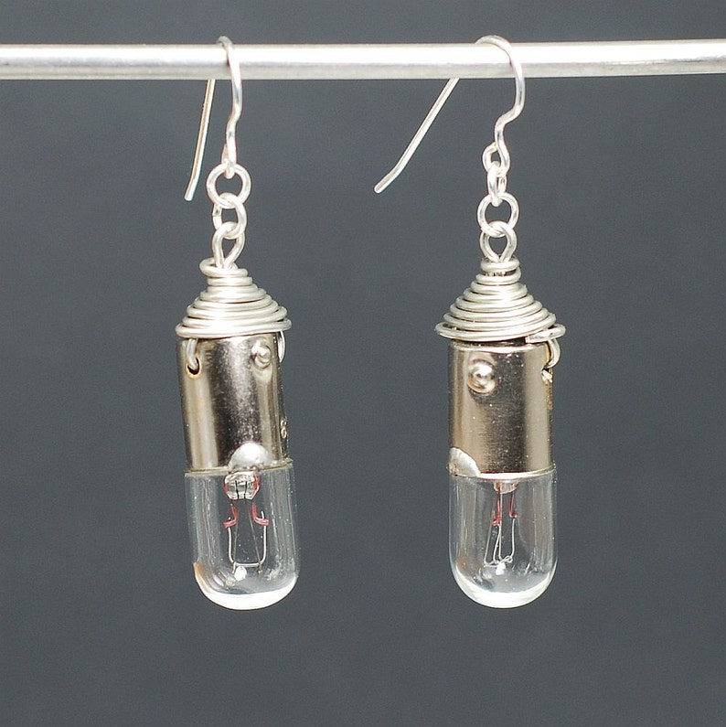 Cyberpunk Light Bulb Earrings Silver, Upcycled, Steampunk, Industrial, Lightbulb, Grunge, Alternative, Post Apocalyptic, Science Jewelry image 3