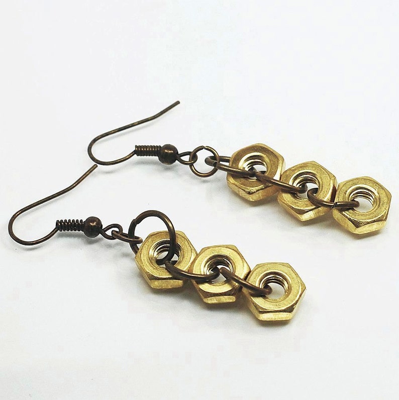 Brass Hardware Earrings Hex Nut Found Object Jewelry Etsy