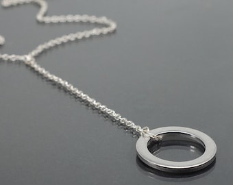 Silver Circle Necklace- Washer Jewelry, Geometric Necklace, Hardware, Simple Long Necklace, Y Drop Necklace, Minimalist, Modern, Minimal