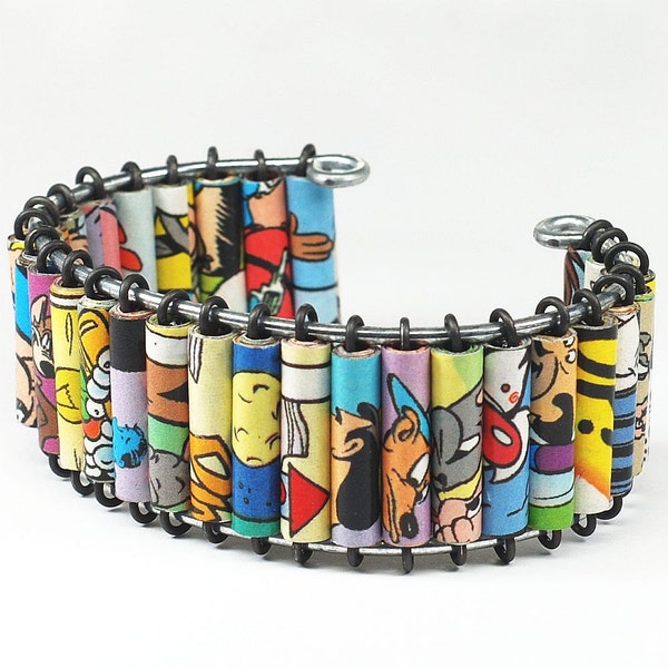 Paper Bead Jewelry- Upcycled Looney Tunes Comic Book Cuff Bracelet, Comic Book Jewelry, Geek Gift, Paper Jewelry, Fun, Quirky, Nerdy