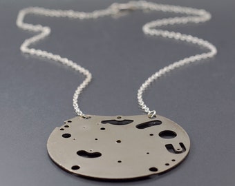 Industrial Contemporary Jewelry- Upcycled Clock Part Silver Circle Modern Necklace, Steampunk, Cyberpunk, Industrial, Grunge, Alternative