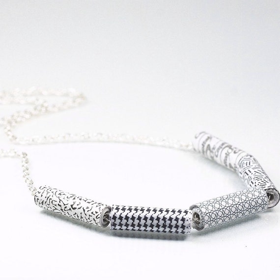 Paper Bead Jewelry- Modern Minimal Necklace, Black & White Security Envelope Paper Necklace, Recycled Junk Mail, Contemporary Paper Jewelry