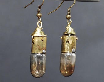Brass Burnt Out Light Bulb Earrings- Steampunk Jewelry, Goth Industrial, Cyberpunk, Post Apocalyptic, Science Geek Gift, Grunge, Quirky, Alt