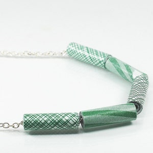 Paper Bead Jewelry- Upcycled Green Security Envelope Paper Bead Necklace, Recycled Junk Mail, Paper Jewelry, Modern Contemporary Jewelry