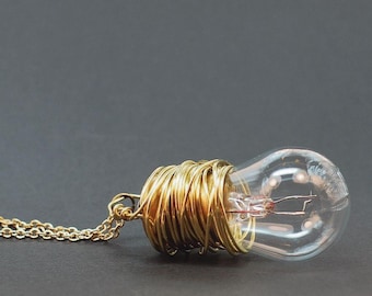 Steampunk Necklace- Brass Upcycled Light Bulb Necklace, Steampunk Jewelry, Lightbulb, Steam Punk, Cyberpunk, Grunge Style, Science Geek Gift