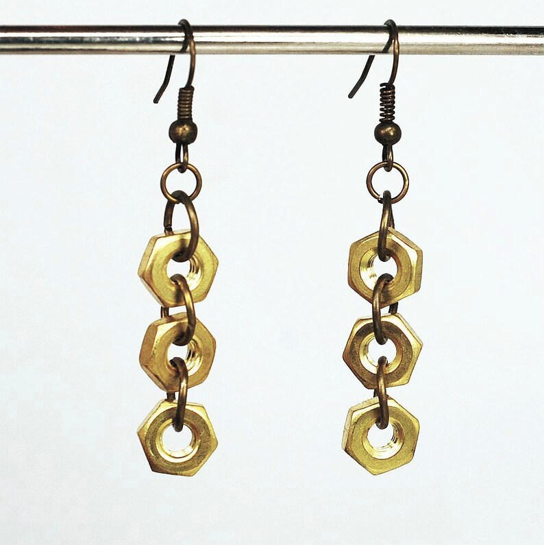 Brass Hardware Earrings Hex Nut Found Object Jewelry Etsy