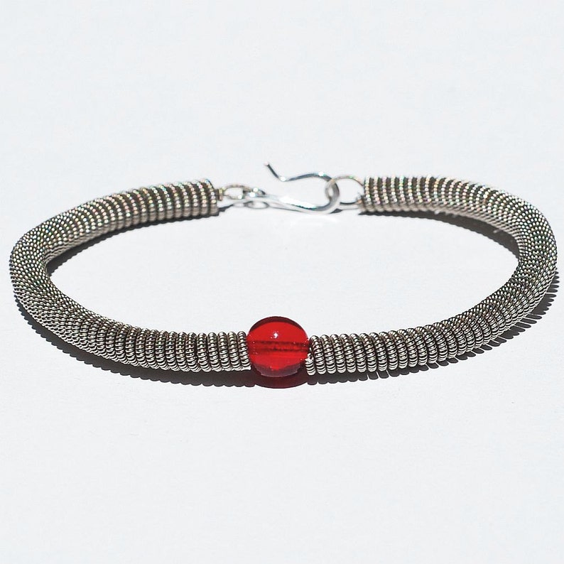 Guitar String Bracelet Silver with Ruby Red Bead, Recycled Guitar String Jewelry, Music Jewelry, Gift for Guitar Player, Guitarist Present image 4