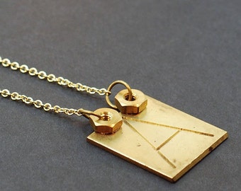 Industrial Upcycled Brass Letter A Necklace Initial Jewelry, Initial Necklace, Letter A Pendant, Hardware Jewelry