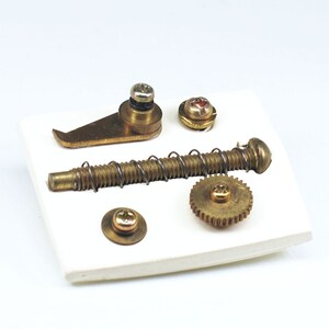 May include: A set of brass watch parts including a spring, a gear, a lever, and two screws.