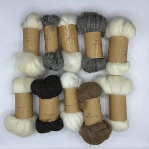 May include: An assortment of wool fiber rolls in various colors, including white, gray, and brown. Each roll is labeled with a name and weight of 1 oz. The fibers are arranged on a white surface.