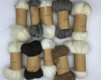 May include: An assortment of wool fiber rolls in various colors, including white, gray, and brown. Each roll is labeled with a name and weight of 1 oz. The fibers are arranged on a white surface.