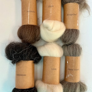 May include: Six bundles of raw wool fiber arranged in two rows, each wrapped in a brown paper band labeled with breed names: Icelandic, Lleyn, Bergschaf, Hebridean, Lonk, and Faroe Island. The wool colors range from dark brown, black, and grey to off-white.