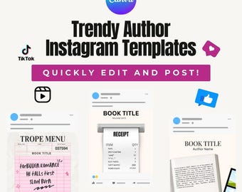Może przedstawiać: Obraz promocyjny dla szablonów Instagram Trendy Author firmy Canva. Projekt zawiera ikony mediów społecznościowych, różowy paragon i układ strony książki. Tekst zawiera "Quickly Edit and Post!" i "Forbidden Romance".