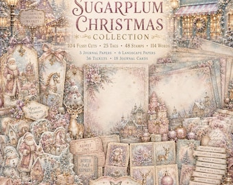 Puede incluir: Una colección de papeles con temática navideña con el texto "Sugarplum Christmas Collection". El conjunto incluye recortes, etiquetas, sellos, papeles de diario, papeles de paisaje, entradas y tarjetas de diario. La paleta de colores es rosa pálido, crema y dorado.