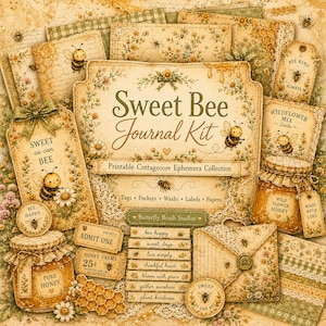 Peut inclure: Un ensemble d'éphemera imprimables sur le thème des abeilles, de style cottage. Le kit comprend des étiquettes, des poches et des papiers avec des motifs floraux et de miel. Le texte comprend "Sweet Bee Journal Kit".