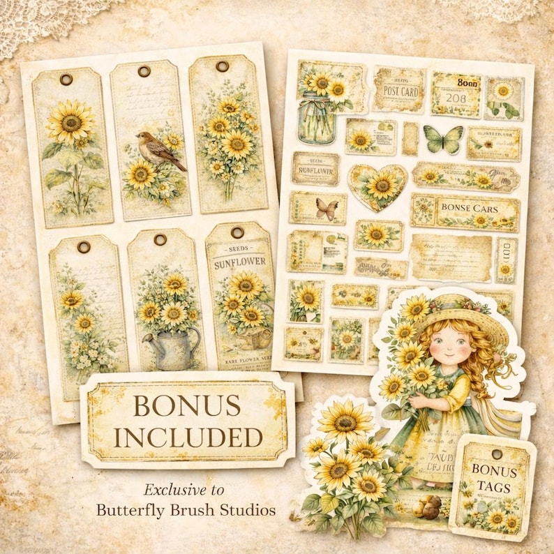 Sunflower Girls Fussy Cuts – Vintage Clipart, Junk Journal Ephemera (15 ...