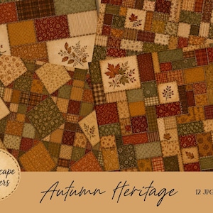 Pode incluir: Uma coleção digital de 12 papéis de paisagem em formato JPG intitulada Autumn Heritage, medindo 11 x 8,5 polegadas. Os designs apresentam um padrão de patchwork com vários quadrados em tons de vermelho, laranja, amarelo e verde, decorados com motivos de folhas de outono.