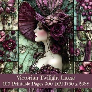 May include: A digital collage featuring a woman in a Victorian-style hat adorned with roses, butterflies, and floral elements. The color palette includes shades of purple, green, and pink. The text at the bottom reads "Victorian Twilight Luxxe".