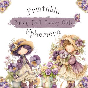 Può includere: Una stampa d'arte digitale con due figure simili a bambole circondate da viole del pensiero. Il testo recita "Printable Pansy Doll Fussy Cuts Ephemera". La tavolozza dei colori include sfumature di viola, giallo e beige, con un'estetica stravagante e vintage.