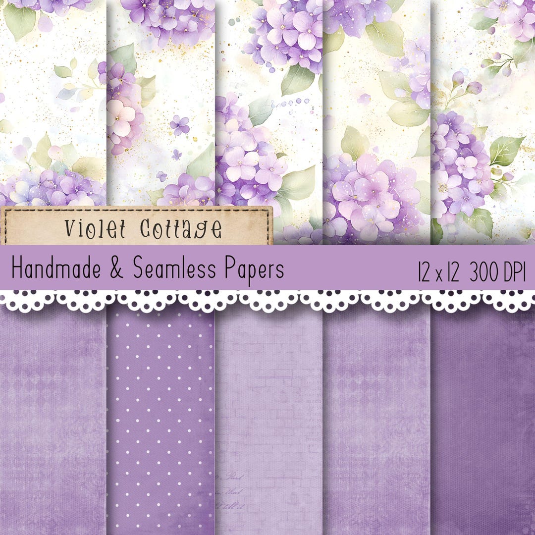 Violet Cottage Digital Paper Pack Purple Floral Seamless Handmade ...