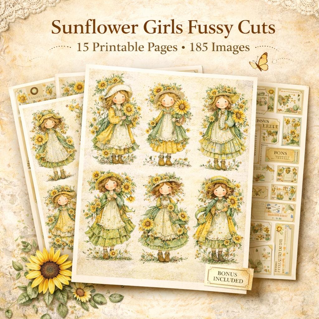 Sunflower Girls Fussy Cuts – Vintage Clipart, Junk Journal Ephemera (15 ...