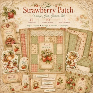 May include: A vintage junk journal kit titled "The Strawberry Patch." The kit includes fussy cuts, journal papers, and landscape papers. The design features strawberry illustrations, floral patterns, and the text "Sweet Memories."