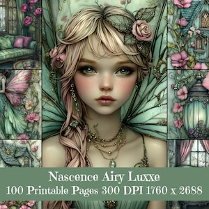 May include: Digital art print featuring a young woman with blonde hair, adorned with flowers and jewelry, surrounded by fairy-themed illustrations. The text "Nascence Airy Luxxe" and product details are at the bottom.
