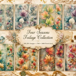 Four Seasons Foliage JPG Collection, Watercolor Leaves, Botanical Journal Papers, Seasonal Digital Backgrounds