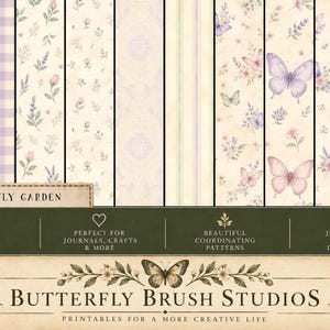 May include: A collection of 10 digital papers featuring butterfly and floral patterns in shades of purple, pink, and cream. Designs include gingham, stripes, and botanical motifs. The text reads Butterfly Garden and Butterfly Brush Studios.
