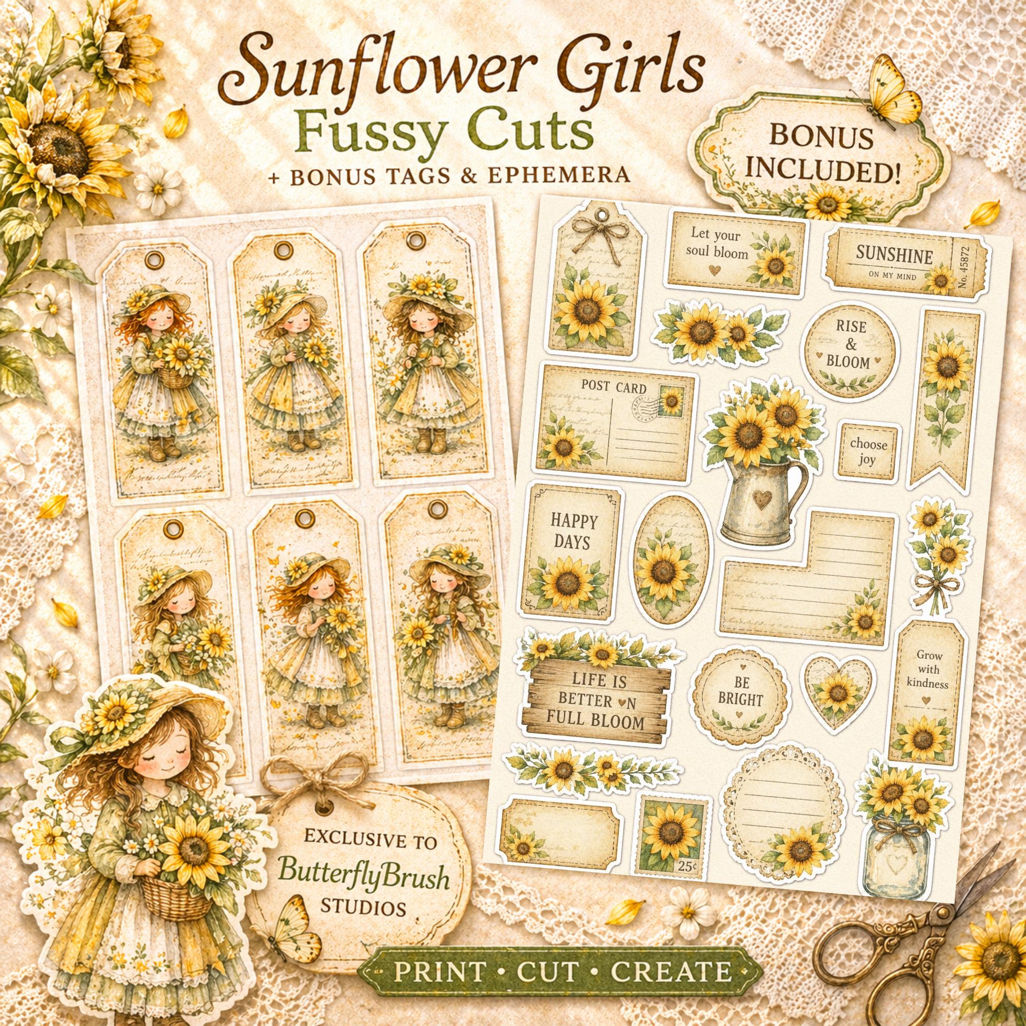 Sunflower Girls Fussy Cuts – Vintage Clipart, Junk Journal Ephemera (15 ...