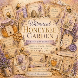 以下が含まれることがあります： 「Whimsical Honeybee Garden」をテーマにした、ヴィンテージスタイルのデジタルジャンクジャーナルキット。画像には、蜂とラベンダーのモチーフが施されたチケット、スタンプ、紙などが写っています。蜂蜜の瓶、ハニカム、そして「Made with Love」の文字が含まれています。