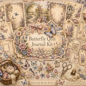 Butterfly Patchwork Quilt Journal Kit Printable Junk Journal Pages Ephemera Vintage Cottage Watercolor Download