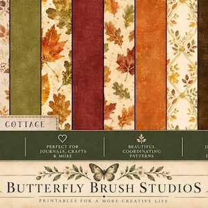 Op de afbeelding: Een collectie van 10 digitale papieren genaamd Autumn Cottage, met verticale panelen met herfstbladpatronen, effen texturen in mosterd, olijf, bordeaux en oranje, en een crèmekleurige achtergrond met een vlinderlogo en tekst.