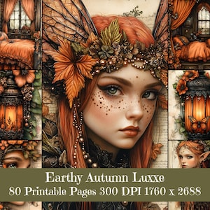 May include: Digital art collage featuring a woman with red hair and autumn-themed accessories. The image includes illustrations of a bedroom, lanterns, and the text "Earthy Autumn Luxxe".