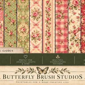 May include: A collection of 10 digital papers titled French Garden by Butterfly Brush Studios. The patterns feature pink roses, green foliage, gingham checks, and damask motifs in shades of red, pink, cream, and sage green on a rectangular layout.