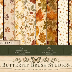 Höstlöv sömlösa digitala papper, Cottagecore höstklippboksmönster, 12x12 utskrivbara bakgrunder, kommersiellt bruk