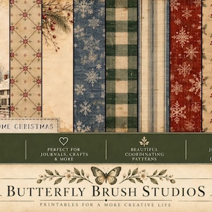 May include: A collection of ten digital papers featuring Country Home Christmas patterns including red and green plaid, blue and white snowflakes, stripes, and heart motifs on a textured, aged paper background with a Butterfly Brush Studios logo.