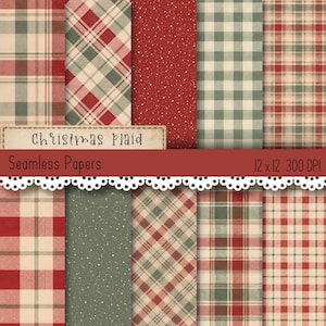 Puede incluir: Una colección de papeles digitales sin costuras con patrones de cuadros navideños en rojo, verde y crema. La imagen muestra varios diseños de tartán a cuadros y diagonales junto a una textura roja moteada, con el texto Christmas Plaid Seamless Papers 12 x 12 300 DPI.