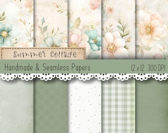 Paquete de papeles digitales Summer Cottage con estampado floral sin costuras para álbumes de recortes y diarios creativos. Fondos imprimibles para uso comercial.
