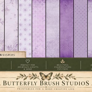 May include: A collection of ten digital papers in various shades of purple and lilac, featuring distressed textures, floral motifs, and geometric patterns. The image includes the text "LILAC WHISPERS", "10 DIGITAL PAPERS", and "BUTTERFLY BRUSH STUDIOS".