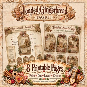 Primitive Gingerbread Loaded Tag Kit, Christmas Junk Journal Printable Ephemera
