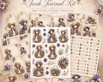 Kit de journal indésirable pour poupée Pensée, éphémères floraux vintage, coupes difficiles (téléchargement numérique)