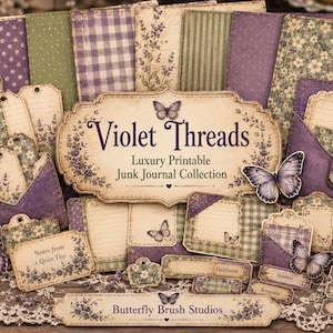May include: A collection of printable junk journal ephemera featuring the text Violet Threads Luxury Printable Junk Journal Collection and Butterfly Brush Studios. The set includes purple and green patterned tags, envelopes, and labels with butterfly motifs.