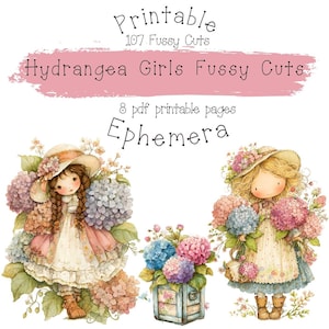 Hydrangea Floral Doll Fussy Cuts – Printable Journal, Scrapbook, and Craft Ephemera Junk Journal, Sticker, Collage Sheets, Ephemera