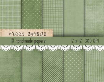 Paquete de papeles digitales Green Cottage: 10 diseños vintage en color verde salvia hechos a mano (descarga digital)