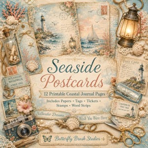 May include: A collage of vintage seaside-themed ephemera. Includes postcards, tickets, tags, and stamps with lighthouse, sailboat, and ocean imagery. The text "Seaside Postcards" and "Butterfly Brush Studios" are visible.