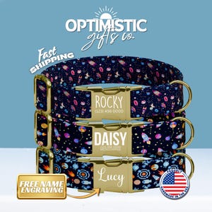 Personalized Space Adventure Dog Collar with Name Engraved Cute & Soft Adjustable Collar Leash Set Unique Astronaut Pet Dog Tag Gift (OG-73)