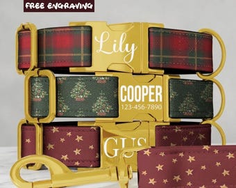 Rode en groene kersthalsband voor honden, tartan ruitjespatroon met boom- en sterrenmotief, gepersonaliseerde halsband met naam, kerstcadeau voor puppy, gratis gravure (OG-244)